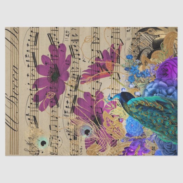 Papel De Seda Peacock, Sheet Music e Flowers Decoupage Paper (Frente )