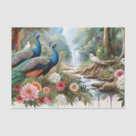 Papel De Seda Peacocks Elegantes em Floresta com Flores