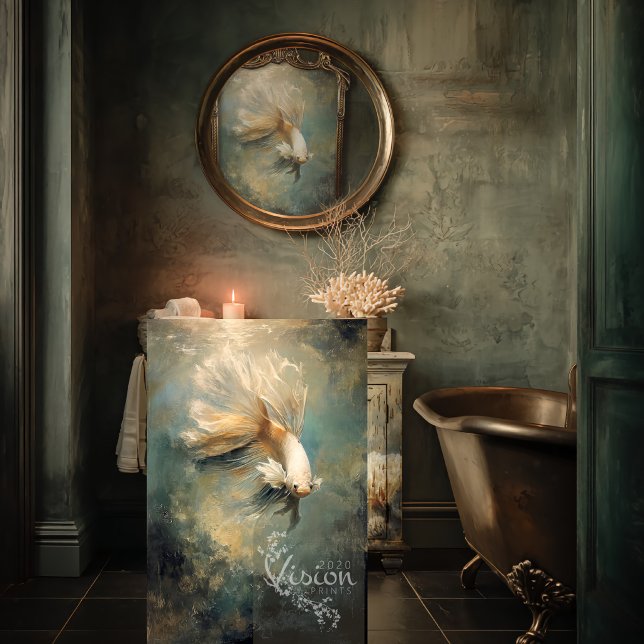 Papel De Seda Peixe Betta Dourado Deep Grace Óleo Teal Arte (Large art print leaning against distressed vanity moody bathroom copper clawfoot bath)