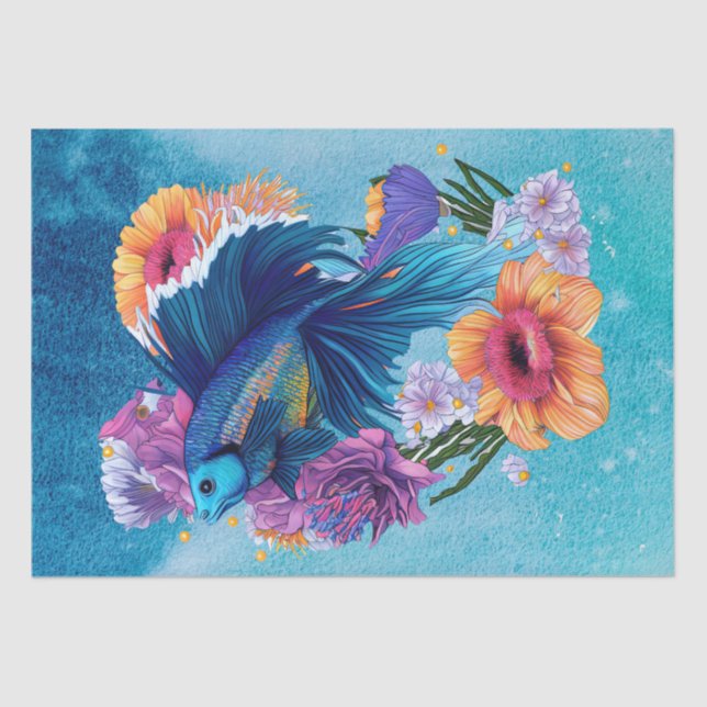Papel De Seda Peixe Floral Água Fresca Aquarela Tropical (Frente )