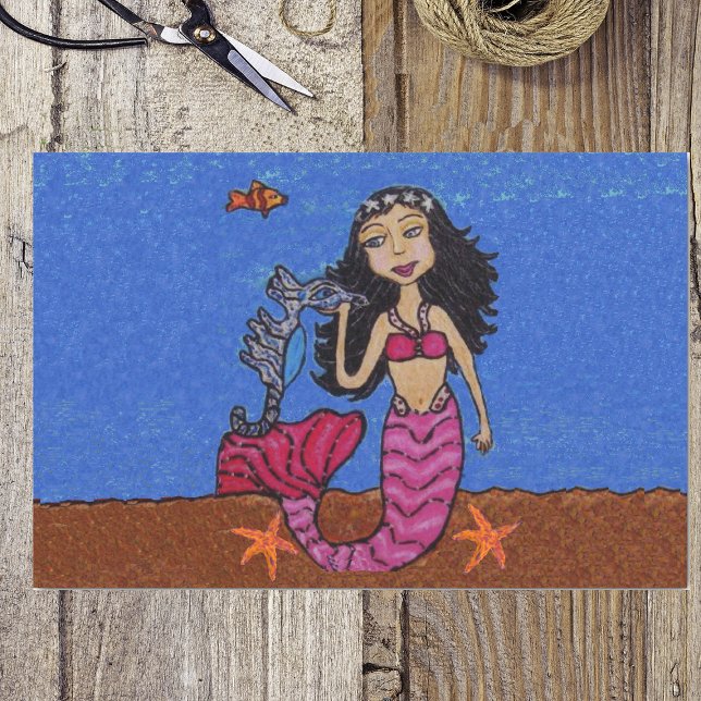 Papel De Seda Peixe-Sede bonito de Cabra Escura (Mermaid pink tail with seahorse and starfish under ocean on wrapping tissue paper.)