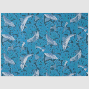 Papel De Seda Peixes Azuis Vintage e Algas Marinhas: Art Nouveau