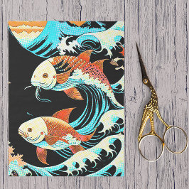 Papel De Seda Peixes Koi em uma Onda Grande Estilo de Quadrinhos