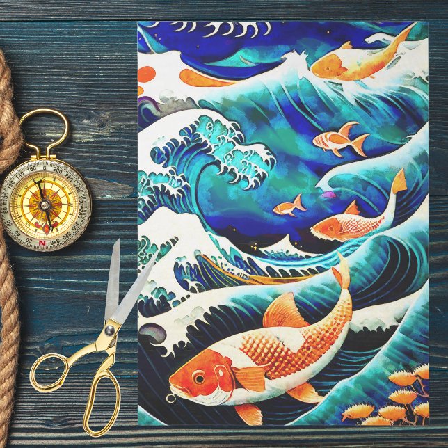 Papel De Seda Peixes Koi Laranja em uma Grande Onda Estilo Japon (Criador carregado)