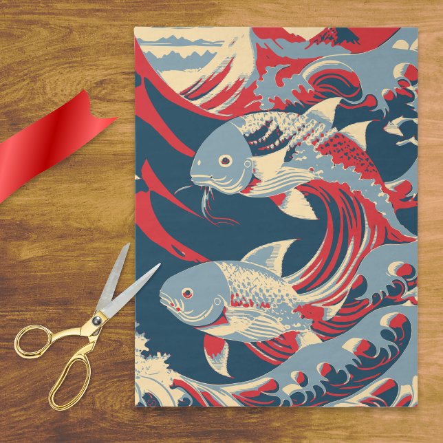 Papel De Seda Peixes Koi no Estilo da Grande Onda com Azul Marin (Criador carregado)