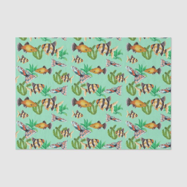 Papel De Seda Peixes Tropicais e algas marinhas Verdes (Frente )