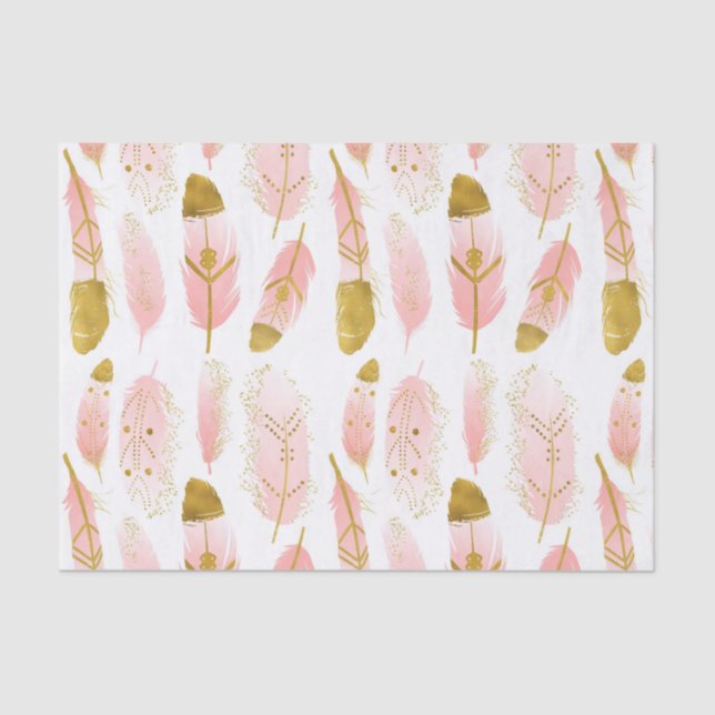 Papel De Seda Penas Boêmicas Rosa com Folha de Ouro (Frente )