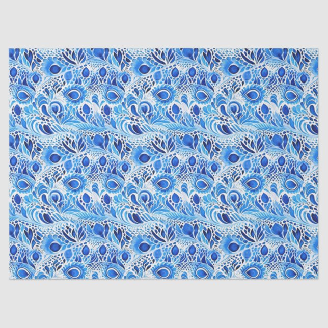 Papel De Seda Penas de Pavão Branco Azul (Frente )