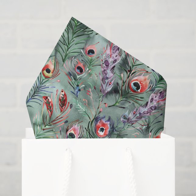 Papel De Seda Penas de Pavão Vermelhas e Verdes (Sacola de presentes)