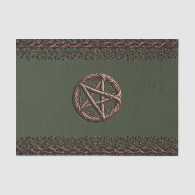 Papel De Seda Pentáculo de Galho de Madeira Verde Oliva Wiccano (Frente )