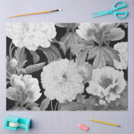 Papel De Seda Peões Pretos e Brancos Aquarela Floral