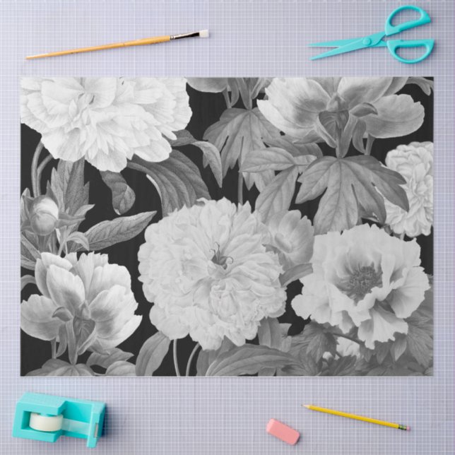 Papel De Seda Peões Pretos e Brancos Aquarela Floral (Arte )