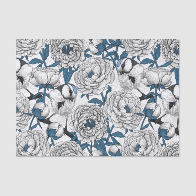 Papel De Seda Pêonias brancas e pássaros-tetas azuis (Frente )