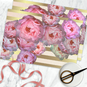 Papel De Seda Pêonias Cor-de-Rosa Na Dourada Separação Horizonta