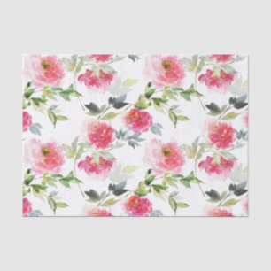 Papel De Seda Pêonias de Aquarela Rosa e Padrão Verde