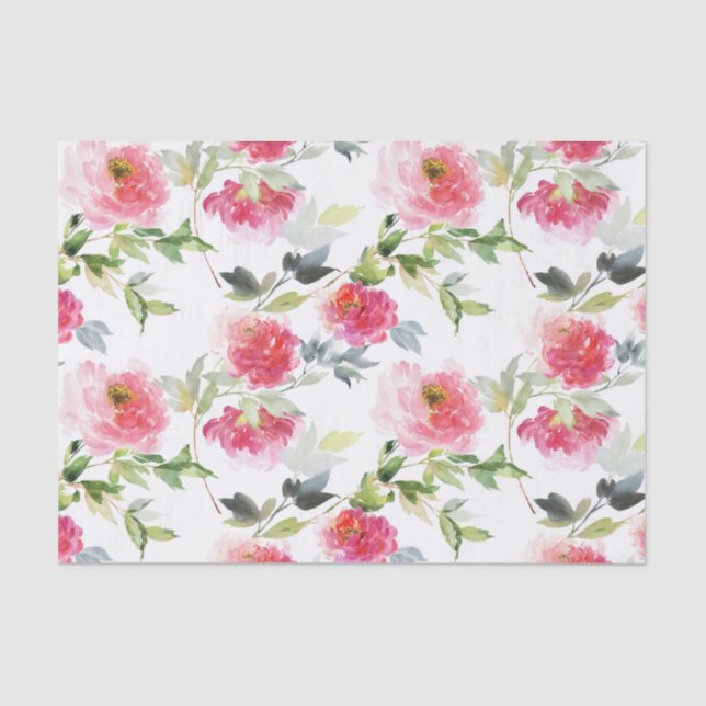 Papel De Seda Pêonias de Aquarela Rosa e Padrão Verde (Frente )
