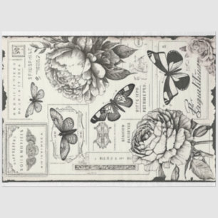 Papel De Seda Pêonias negras e brancas e borboletas