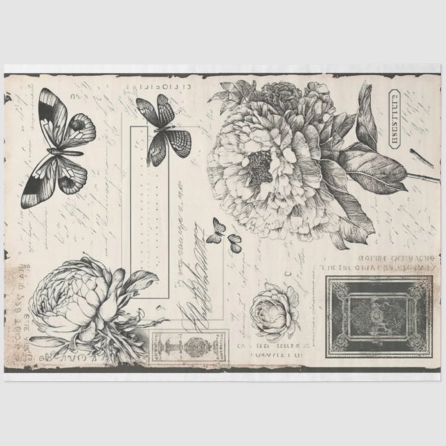 Papel De Seda Pêonias negras e brancas e borboletas (Frente )