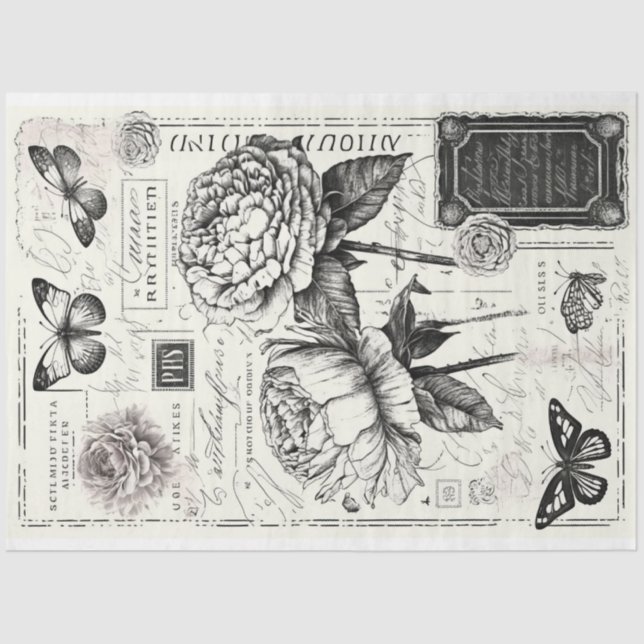 Papel De Seda Pêonias negras e brancas e borboletas (Frente )