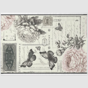 Papel De Seda Pêonias negras e brancas e borboletas