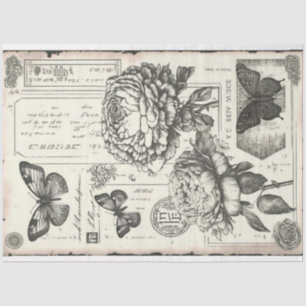 Papel De Seda Pêonias negras e brancas e borboletas