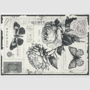 Papel De Seda Pêonias negras e brancas e borboletas