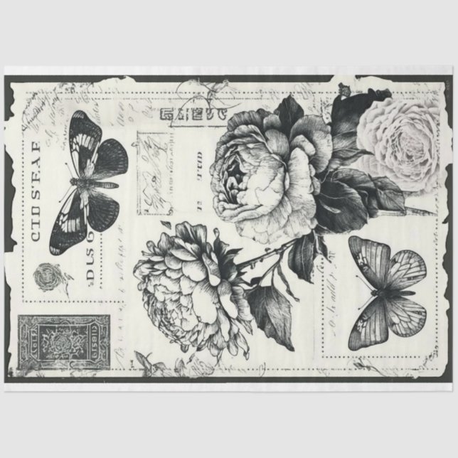 Papel De Seda Pêonias negras e brancas e borboletas (Frente )