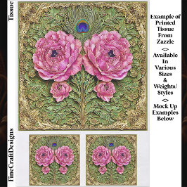 Papel De Seda Peônias Rosa & Azulejo de Pena de Pavão EH6 Decoup