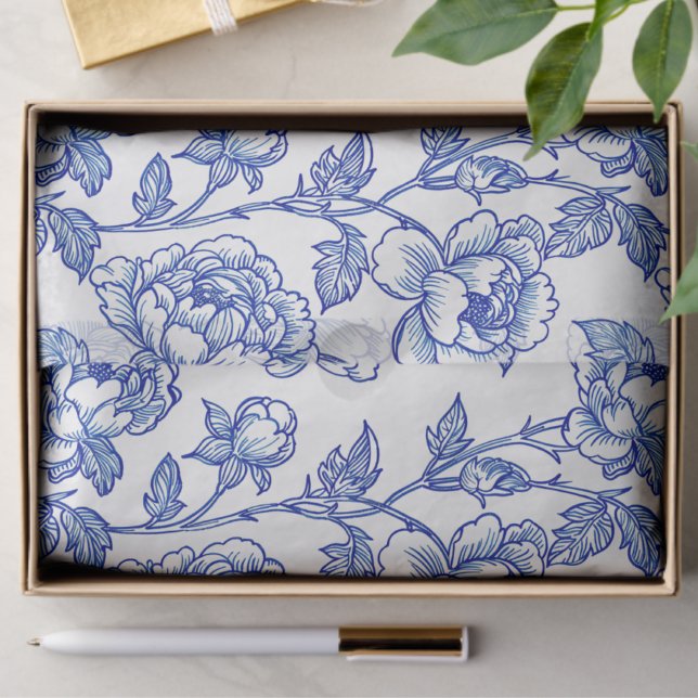 Papel De Seda Peony Rosa de Chinoiserie Azul e Branca (Criador carregado)