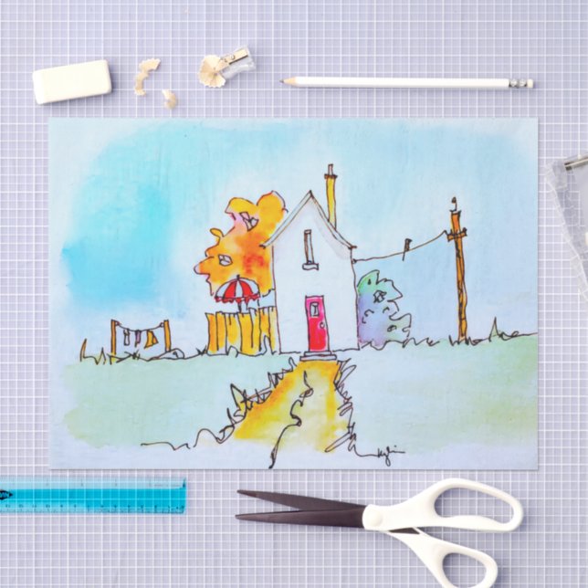 Papel De Seda Pequena Casa Com Lavagem (Arte )