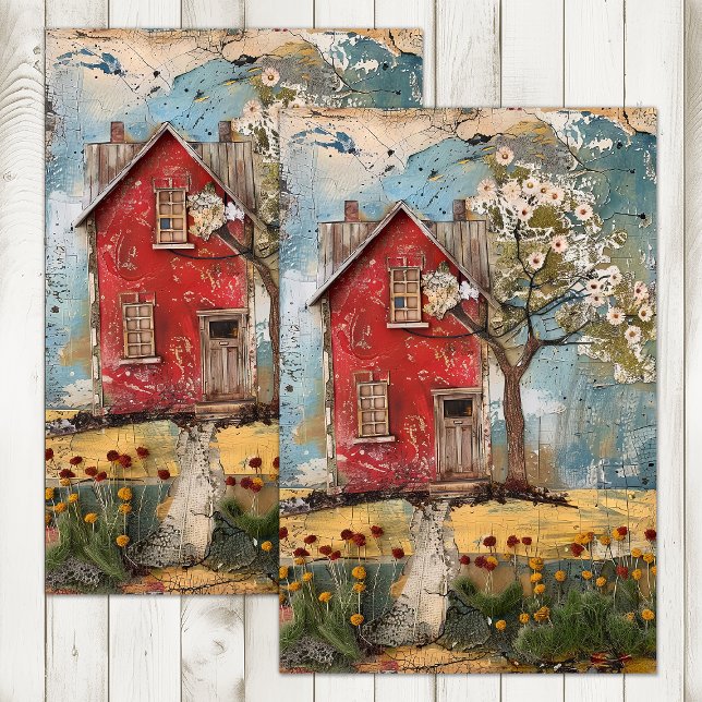 PAPEL DE SEDA PEQUENA CASA RURAL VERMELHA MISTA COM COLAGEM DECO (TINY RED COUNTRY HOUSE MIXED MEDIA DECOUPAGE TISSUE PAPER)