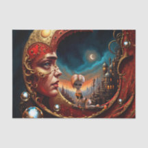 Pequena fada sentada sobre uma lua vermelha de our