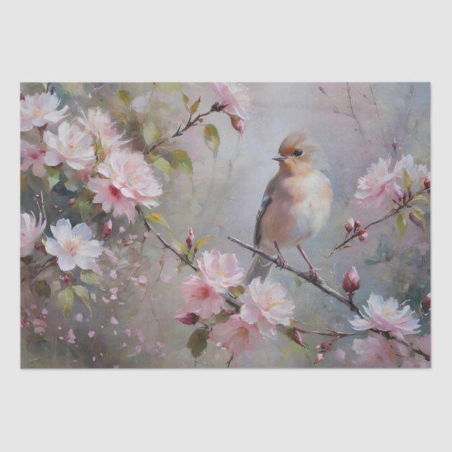 Papel De Seda Pequenas Aves com Flores Brilhantes (Frente )