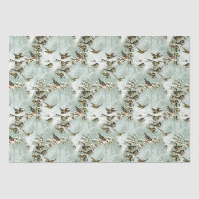 Papel De Seda Pequenos Pássaros na Neve (Frente )