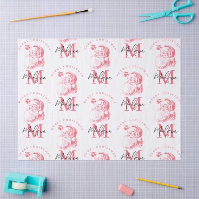 Papel De Seda Personalized Merry Christmas Pink Santa Monogram (Arte )