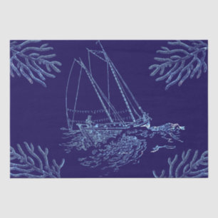 Papel De Seda Pescador Velejando Corais de Barcos de Marinho Azu