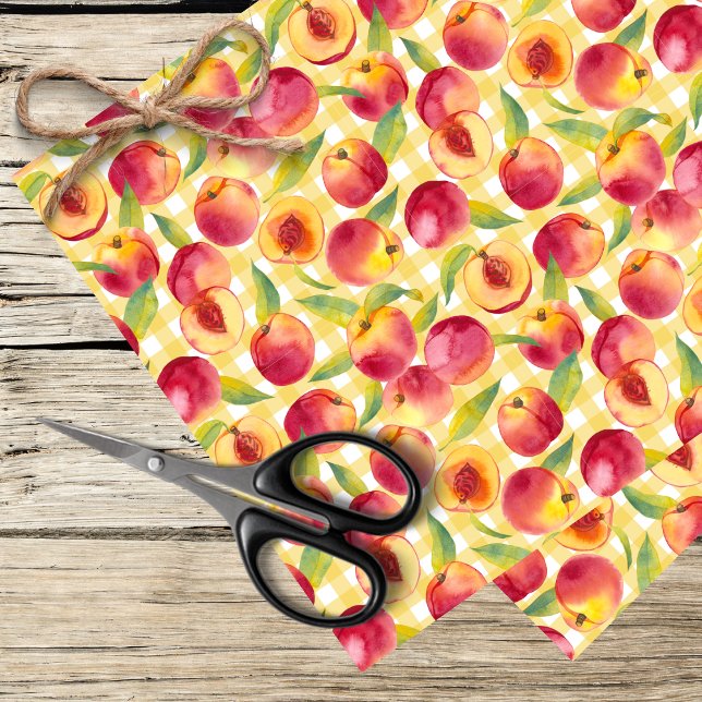 Papel De Seda pêssegos em fundo amarelo de gingham (Criador carregado)