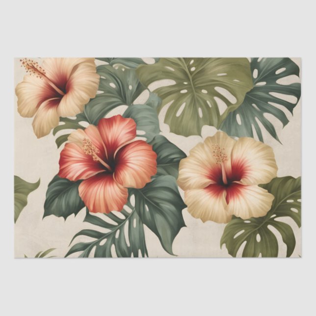 Papel De Seda Pessegueiro, Red and White Tropical Hibiscus (Frente )