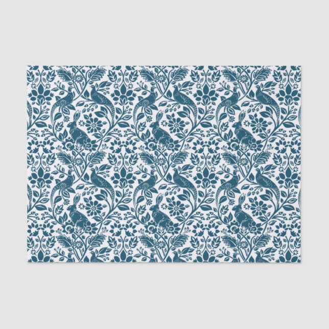 Papel De Seda Pheasant and Hare Patterno, White e Dark Blue (Frente )