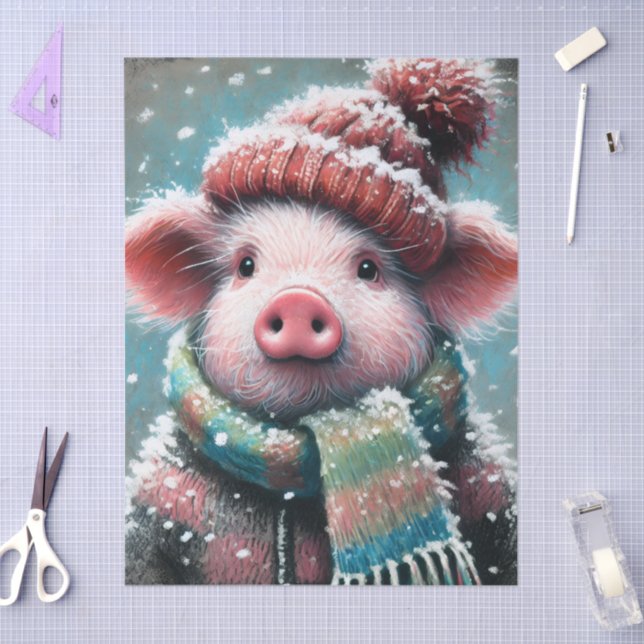 Papel De Seda Pig Winter Hat Scarf Chalk-Pastel Decoupage (Arte )