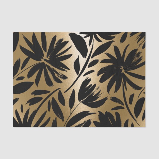 Papel De Seda Pincel Floral Preta e Ouro (Frente )