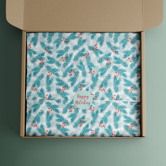 Papel De Seda Pine Twigs e Red Berries Padrão de Natal Branco