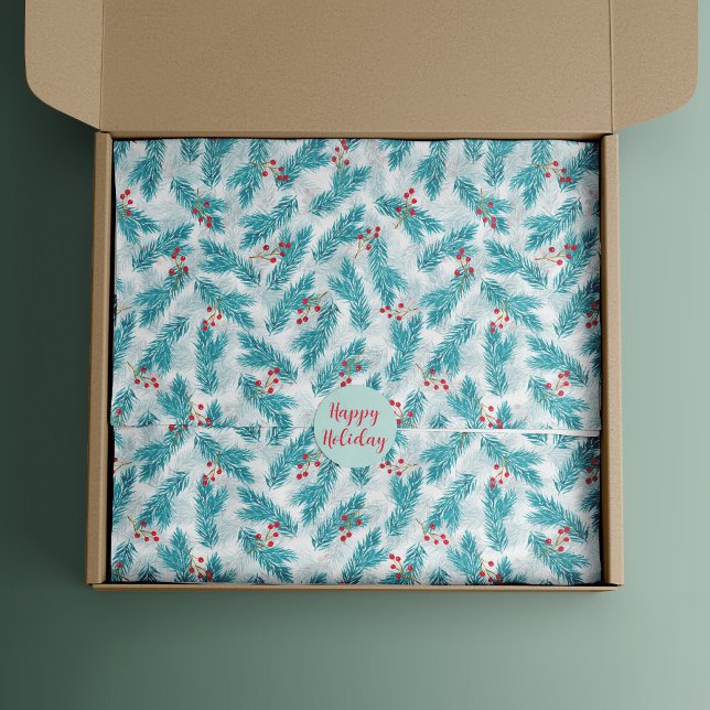 Papel De Seda Pine Twigs e Red Berries Padrão de Natal Branco (Criador carregado)