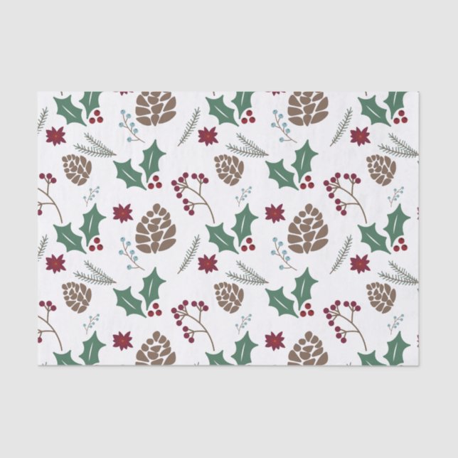 Papel De Seda Pinecone, Holly & Berries Red, Verde Branco (Frente )