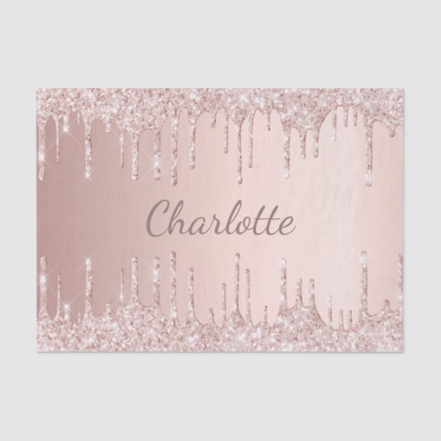 Papel De Seda Pingo de brilho dourado-rosado monograma feminino  (Frente )