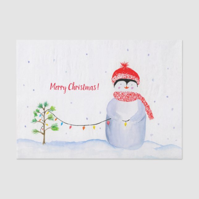 Papel De Seda Pinguim Aquarela Com Luzes De Natal (Frente )