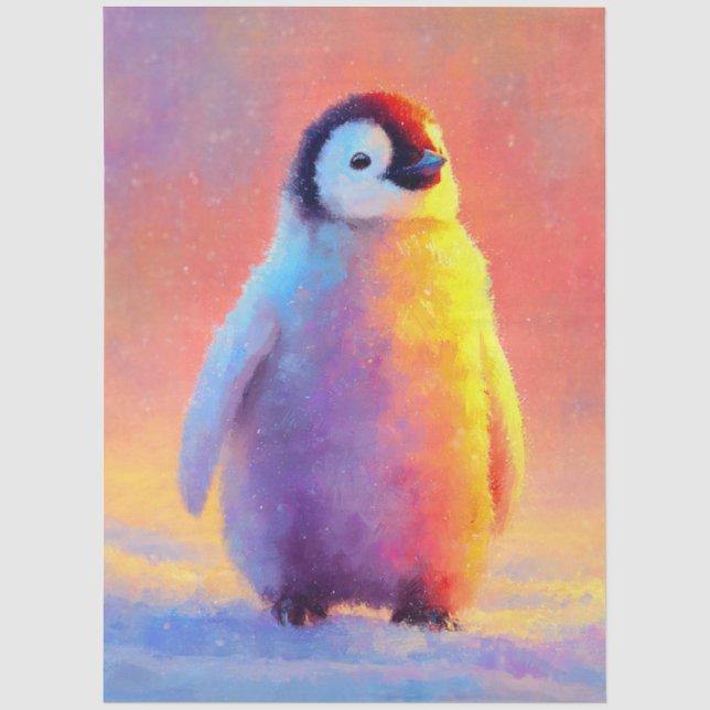 Papel De Seda Pinguim Bebê na Neve com Brilho de Arco-Íris (Frente )