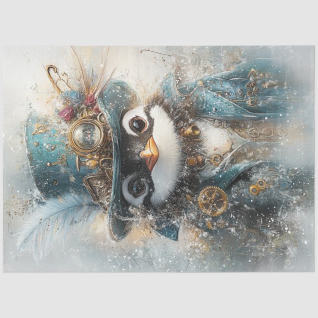 Papel De Seda Pinguim Steampunk Whimsical e Imobilizado em Avent (Frente )