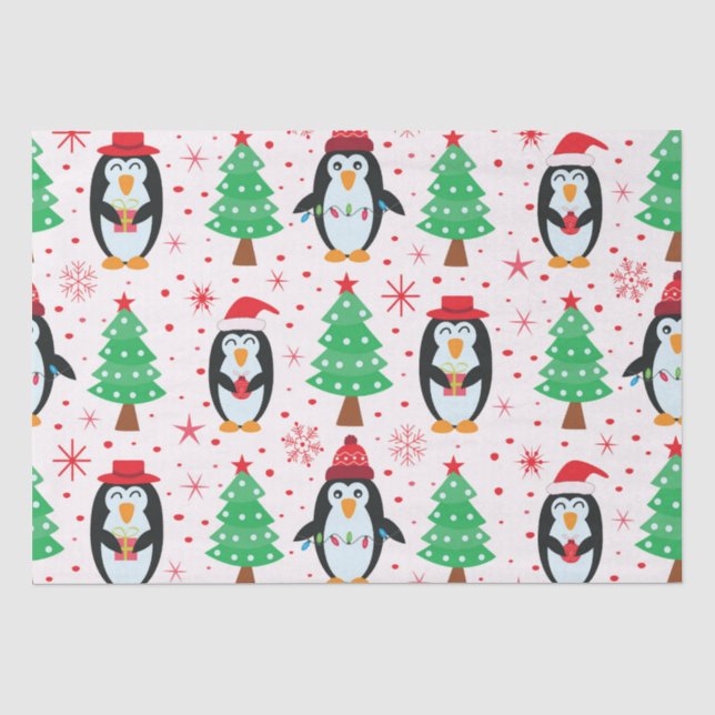 Papel De Seda Pinguins de Natal com Padrão de Árvores de Pinheir (Frente )