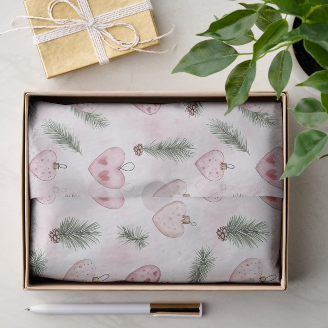 Papel De Seda Pinhas de Natal com Corações Rosa Bege (Presente)